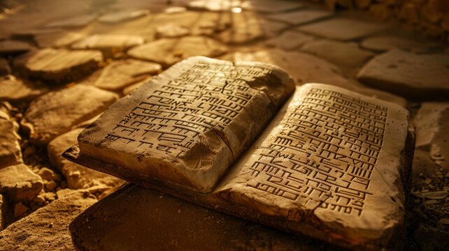 Open ancient scripture on the stone surface - Evocative image of an ancient book lying open on a stone surface, illuminated by a ray of light, portraying a connection to history and knowledge