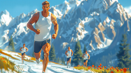 A man in athletic wear running on a mountain trail with other runners in the background