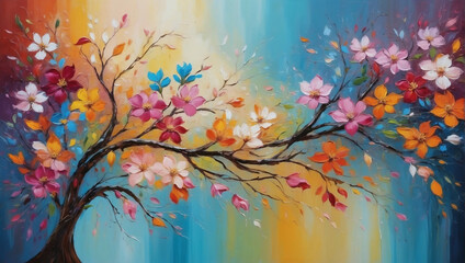 Abstract Floral Fantasy, Colorful Blossoms in an Oil Painting Composition.