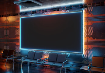 Futuristic panoramic billboard mockup. Cyberpunk style frame interior template. 3D rendering - 774783903