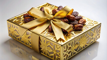 Decorative gift box with golden ribbon and dates. Islamic festive gift and dates. Eid gift. 