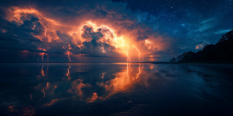 landscape panorama with thunderstorms and thunderbolt lightning in night sky in nature in summer over a sea water - obrazy, fototapety, plakaty
