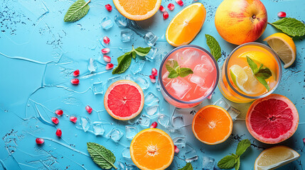 Glasses of tasty citrus lemonade on color background, closeup