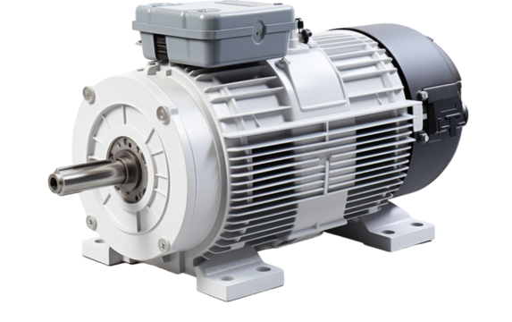 An electric motor, with wires and coils, sits on a white background