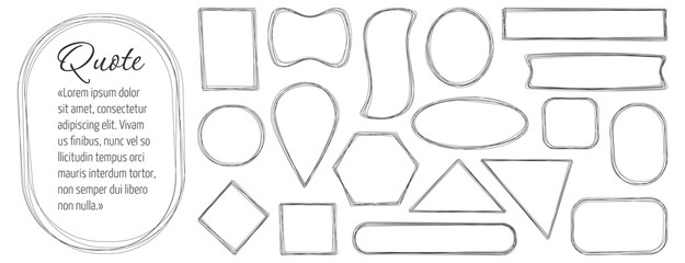 Hand drawn quote frame, line sketched set. Editable stroke. Empty speech bubbles, geometric shapes. Discussion, text box, memo, or dialog popup. Doodle, flat vector illustration, isolated background.