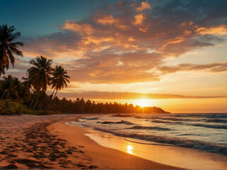 Fototapeta na wymiar Sunset on a Relaxing Tropical Beach with Palm Trees and Waves