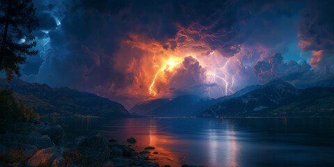 landscape panorama with thunderstorms and thunderbolt lightning in dramatic night sky in nature over lake with mountains
