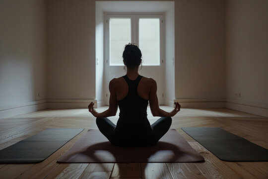 A woman sitting in a lotus pose on a yoga mat in a minimalist room