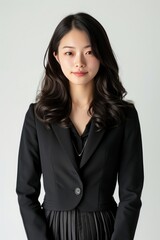 Close-up of a Pretty Young Japanese Woman in Tailored Blazer and Pleated Mini Skirt, displaying chic professionalism with a poised demeanor photo on white isolated background