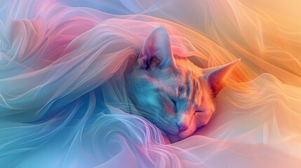 A cat sleeping on a colorful blanket with flowing fabric, AI