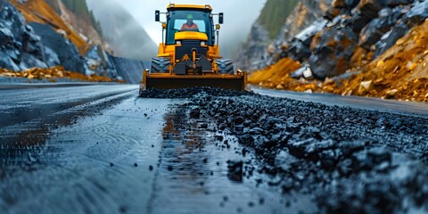 Operating an Asphalt Paver Machine in Road Construction. Concept Asphalt Paver Operation, Road Construction Equipment, Paving Techniques, Safety Precautions