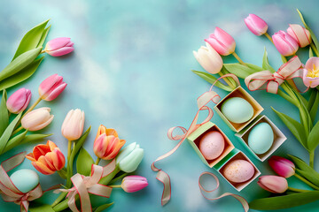 flat lay of Easter eggs with tulip flowers and gift boxes on blue gray background. space for text