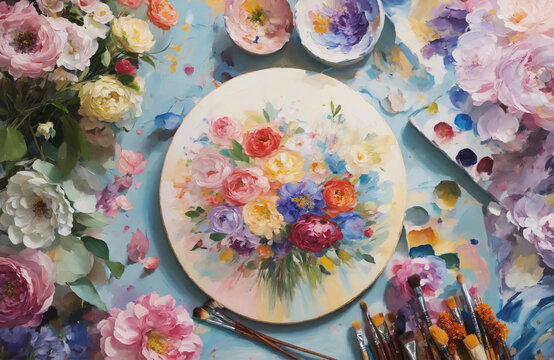 A vibrant painting of colorful flowers
