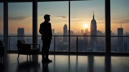 Fototapeta premium Modern office lounge city skyline penthouse Silhouettes businessman looking out the window sunlight exposure illustration.