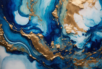 Abstract blue and white marble texture with gold , fluid art