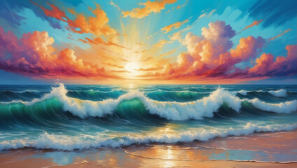 Abstract Seascape, Vibrant Sky and Ocean Waves in Oil Painting Style.