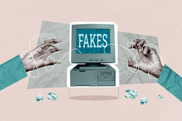 Collage human hands authority manipulation mass media social network internet monitor computer...