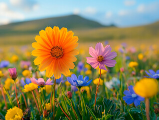 Obraz premium Chamomile flowers field wide background in sun light. Summer Daisies. Beautiful nature scene