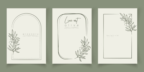 Botanical line art illustration set of olive leaves, branch frames for wedding invitation and cards, logo design, web, social media and posters template. Elegant minimal style floral vector isolated.	