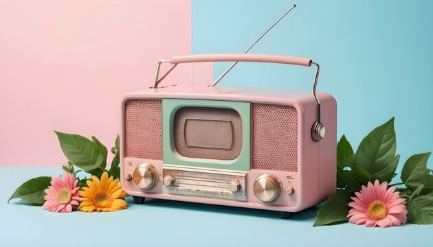Old pink vintage retro style radio receiver with colorful summer flowers and green leaves against pastel blue background. Advertisement idea. Minimal nature concept