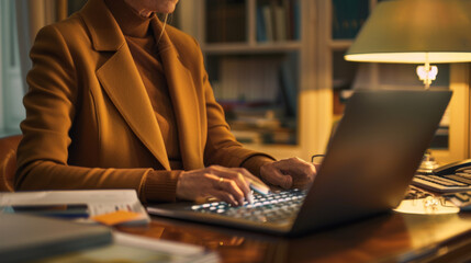 A businesswoman in a yellow blazer types on a laptop at a wooden desk in an office environment. - obrazy, fototapety, plakaty