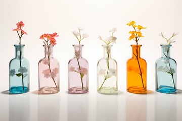 A series of translucent, colored glass bottles with single stems of delicate flowers, casting colorful shadows, isolated on white solid background - obrazy, fototapety, plakaty