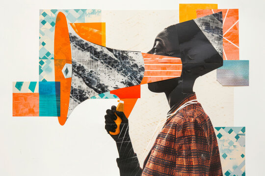 Megaphone, collage art and protest banner artwork for humanity, human rights and news media. Colourful, vibrant pop and creative graphic design poster for background, wallpaper and backdrop mockup