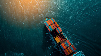 Aerial view container cargo ship, import export commerce business trade logistic and transportation of International by container cargo ship boat in the open sea, - obrazy, fototapety, plakaty