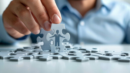 A hand assembles a jigsaw puzzle against a blurred blue background.