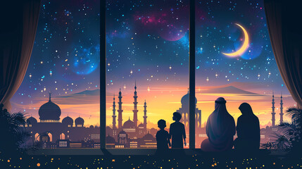 Ramadan Kareem greeting. Family at window looking at Islamic city with mosque skyline, crescent moon and stars. Muslim parents and children pray. Mother, father and kids celebrate end of fasting.