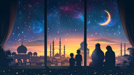Fotobehang Ramadan Kareem greeting. Family at window looking at Islamic city with mosque skyline, crescent moon and stars. Muslim parents and children pray. Mother, father and kids celebrate end of fasting. © AH TAR STOCK