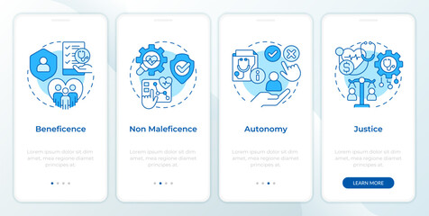 Principles of bioethics blue onboarding mobile app screen. Walkthrough 4 steps editable graphic instructions with linear concepts. UI, UX, GUI template. Montserrat SemiBold, Regular fonts used - obrazy, fototapety, plakaty