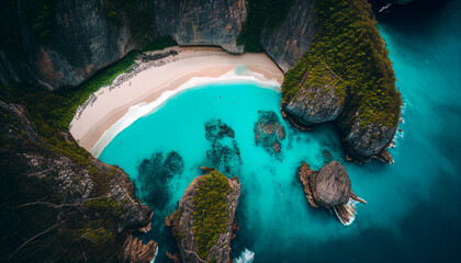 Aerial view of beautiful beach with white sand, turquoise ocean water and blue sky.