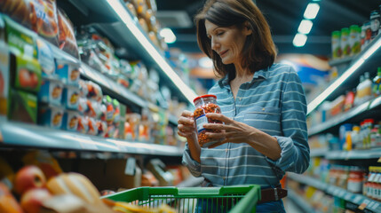 A woman reaches for an item in a grocery store refrigerated section while pushing a cart filled with fresh vegetables. - obrazy, fototapety, plakaty