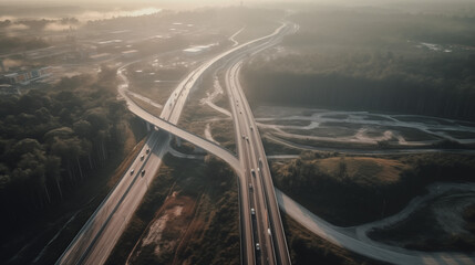 Aerial view of the highway in the middle of a foggy morning