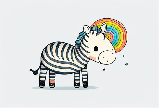 Cute cartoon zebra with rainbow on white background. Vector illustration.