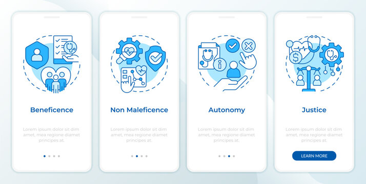 Principles of bioethics blue onboarding mobile app screen. Walkthrough 4 steps editable graphic instructions with linear concepts. UI, UX, GUI template. Montserrat SemiBold, Regular fonts used