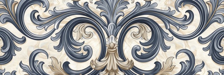 Ornamentation of the Renaissance period combine swirling foliage, acanthus leaves, and classical figures in a pattern that primarily uses blue and beige created with Generative AI Technology - obrazy, fototapety, plakaty