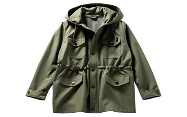 A stylish green parka with a hood and two pockets hanging in a serene park setting