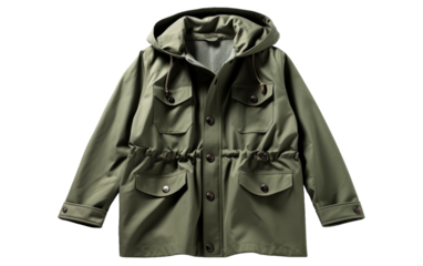 A stylish green parka with a hood and two pockets hanging in a serene park setting