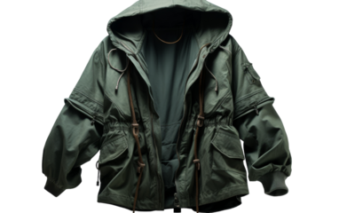 A green jacket with a hood and zippers hanging in a mysterious forest