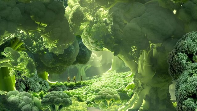 Get inside broccoli , broccoli like a trees, imagined forest inside a broccoli, animation fantasy
