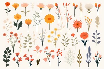 A series of vibrant, minimalistic vector illustrations of flowers and plants arranged neatly on a white solid background