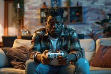 Man intensely focused while playing video games on the couch late at night - obrazy, fototapety, plakaty