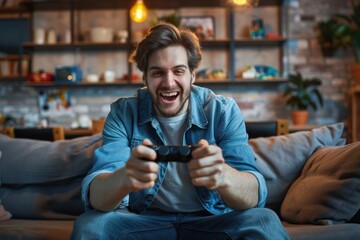 Enthusiastic man gaming with a controller on the sofa, displaying a happy demeanor - 774788513