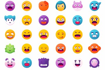 A set of dynamic, minimalistic vector icons representing various emotions and expressions in vibrant colors on a white solid background