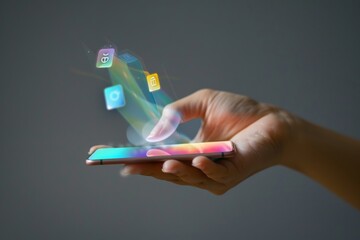 Hand holding a phone with holographic icons