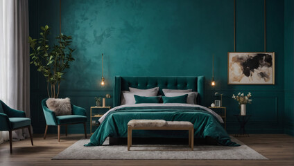 Bedroom wall mockup with velvet armchair and artwork on teal wall background. Change the colors and make each prompt different.