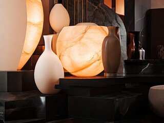 orange light stone living room interior with luxury white lamp - obrazy, fototapety, plakaty