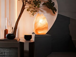 orange light stone living room interior with luxury white lamp - obrazy, fototapety, plakaty